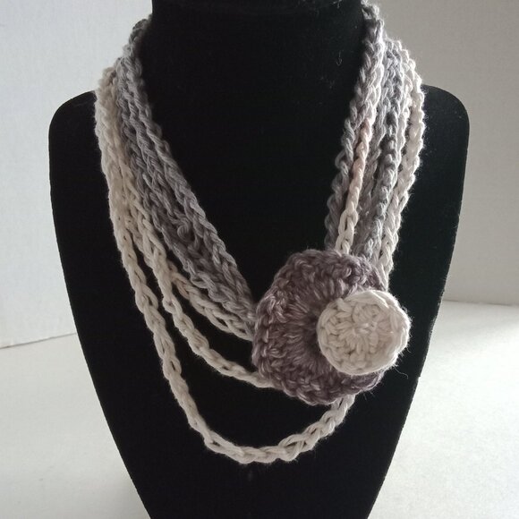 Crochet Statement Necklace with Ombre Flower Accent Boho Yarn Jewelry - Picture 2 of 6